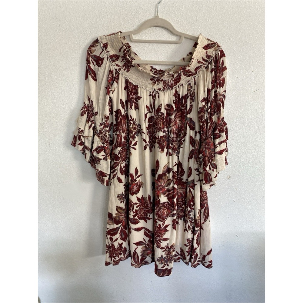 MISS ME - Off Shoulder Red Floral Blouse Size Small Summer Cottagecore Boho - Picture 2 of 9